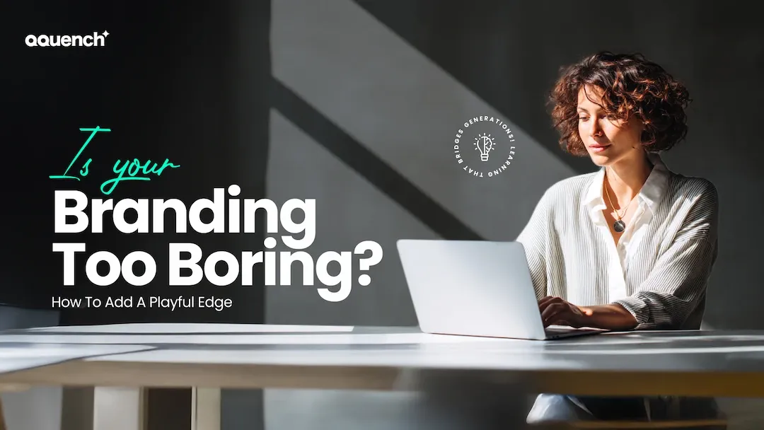 Focused branding expert working on a laptop in a bright, modern workspace with the text 'Is your Branding Too Boring? How to Add a Playful Edge' next to her.