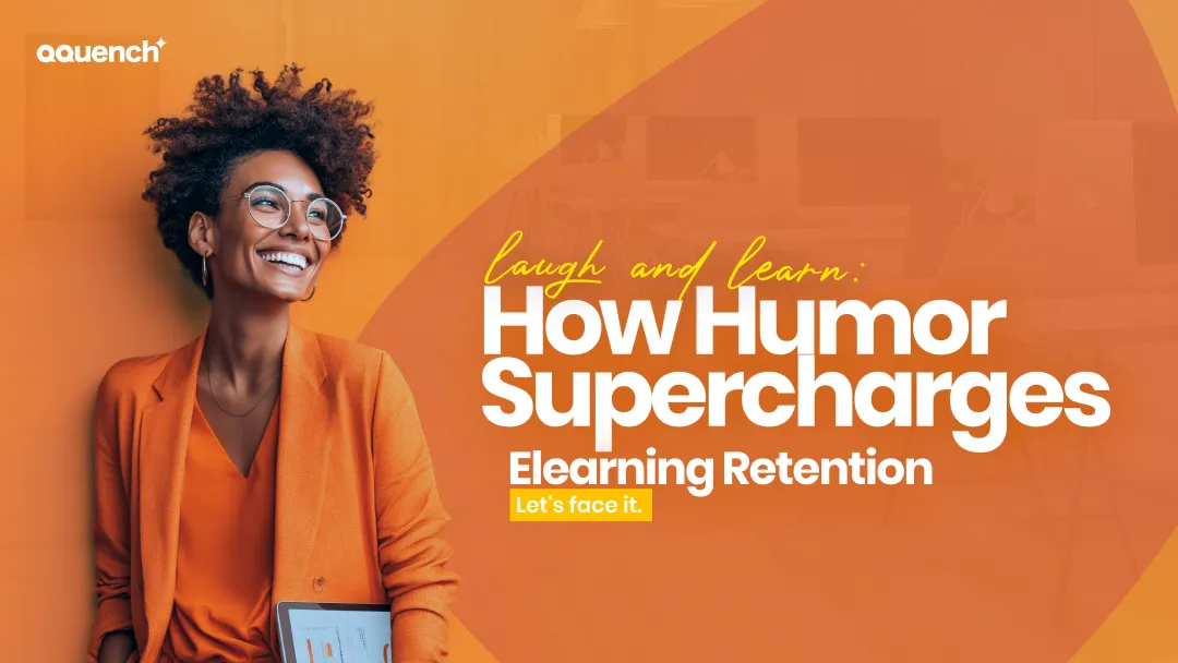 A smiling woman in orange holding a tablet captures the essence of how humor boosts eLearning retention by making training more engaging and joyful.