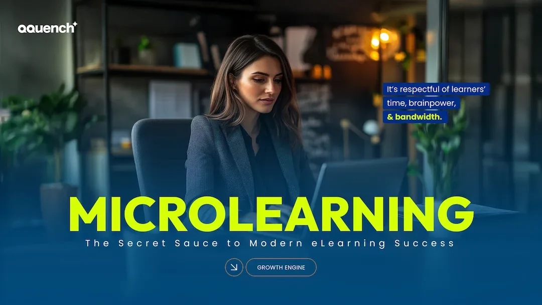 Professional woman engaged in online learning on a laptop with headline 'Microlearning – The Secret Sauce to Modern eLearning Success'; promoting time-efficient, brain-friendly microlearning strategies for effective corporate eLearning programs.
