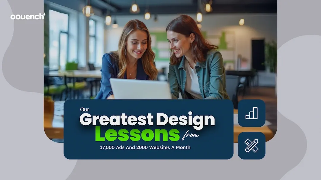 Two user experience designers working on a laptop in a modern office, with the text ‘Our Greatest Design Lessons from 17,000 Ads and 2000 Websites A Month.