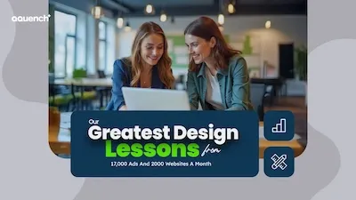 Two user experience designers working on a laptop in a modern office, with the text ‘Our Greatest Design Lessons from 17,000 Ads and 2000 Websites A Month.