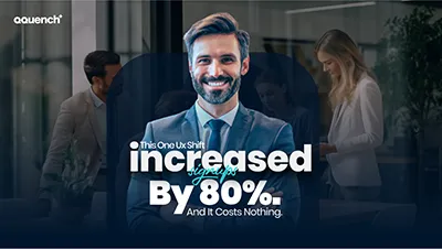 A UX designer gestures toward striking text: 'This One UX Shift Increased Signups by 80% — And It Costs Nothing,'