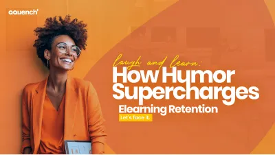 A smiling woman in orange holding a tablet captures the essence of how humor boosts eLearning retention by making training more engaging and joyful.