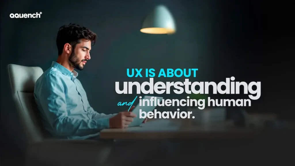 Focused male UX designer working on tablet at night, with text 'UX is about understanding and influencing human behavior'—emphasizing user experience design, human-centered UI strategies, and behavior-driven UX design.