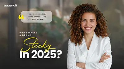 A thoughtful professional stands beside bold text: 'What Makes a Brand Sticky in 2025?'