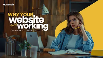 A frustrated designer gestures at bold text: 'Why Your Website Isn’t Working (Even If It Looks Cool),'