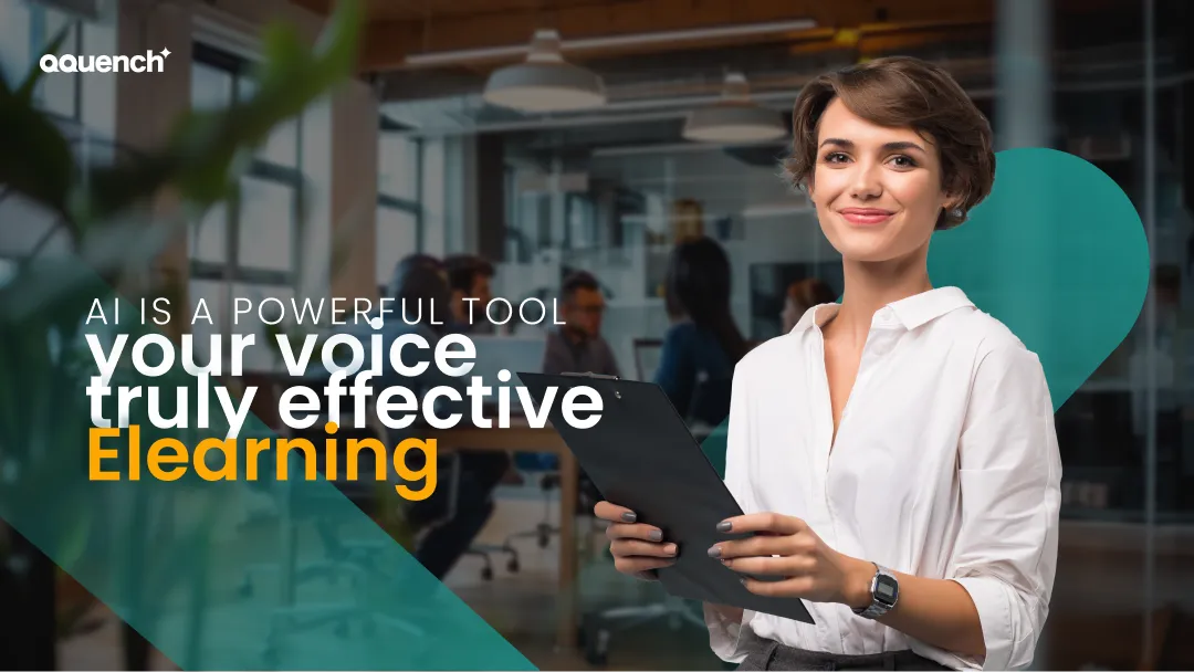 A footer graphic titled 'AI + LXD' with the text 'AI IS A POWERFUL TOOL' and 'YOUR VOICE TRULY EFFECTIVE ELEARNING' on a contrasting background.