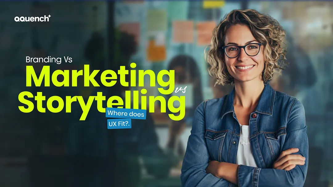 Confident designer standing in front of a collaborative workspace filled with sticky notes, symbolizing the intersection of branding, marketing, and storytelling. Banner explores where UX fits in brand strategy, user engagement, and narrative-driven UI design.
