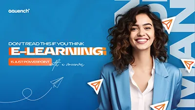 Smiling woman in a blue blazer next to bold text debunking eLearning myths. The banner highlights modern eLearning design beyond PowerPoint, promoting interactive digital learning, instructional design innovation, and engaging online training solutions.