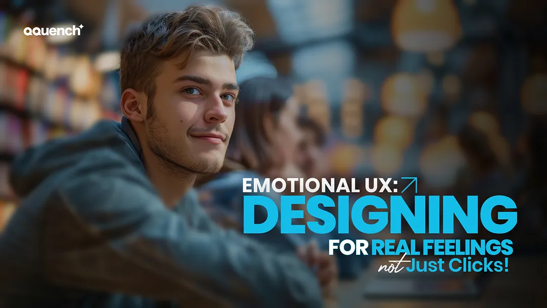 Young man seated in a warm, ambient workspace, representing user engagement through emotional UX. Banner emphasizes designing digital experiences that prioritize real user feelings, empathy in interface design, and human-centered UI strategies.