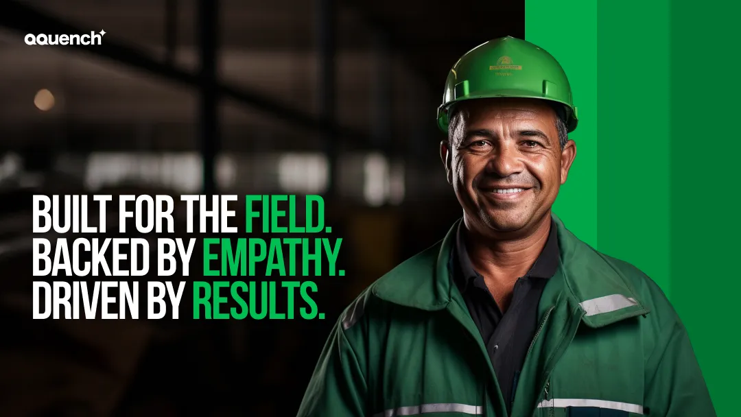 Smiling industrial worker in safety gear represents human-centered UX design for field service environments. Banner highlights the importance of empathetic interface design, usability in tough conditions, and outcome-driven digital tools for field workers.