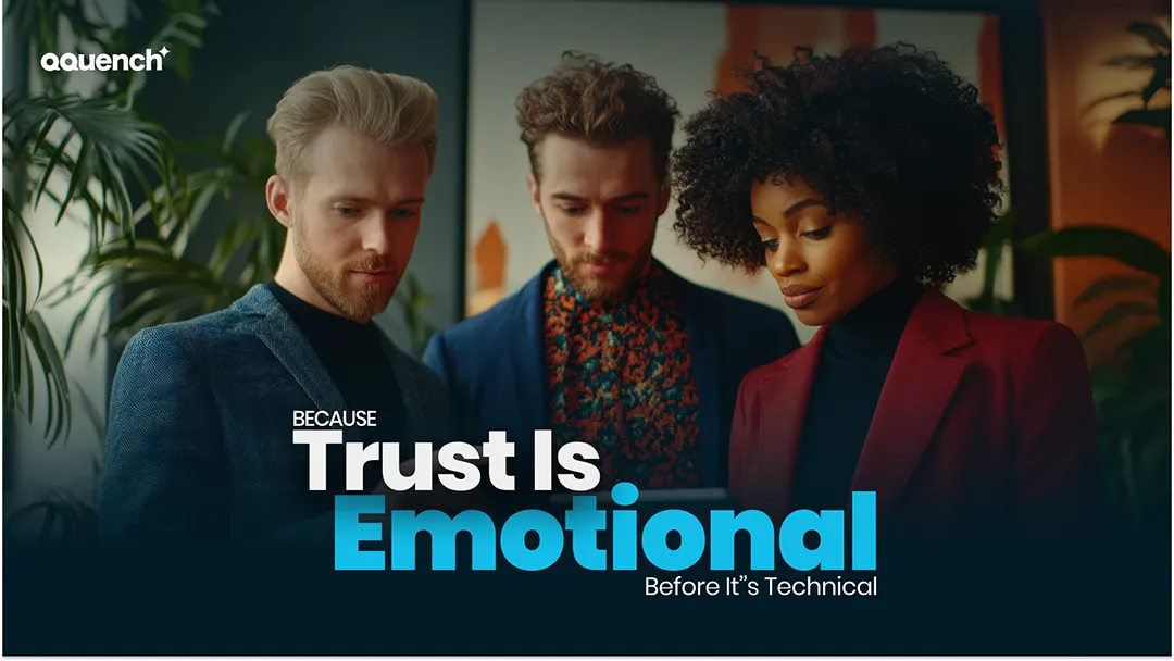 Three diverse professionals reviewing digital content, symbolizing user trust-building in product and UX design. Banner highlights the emotional side of user experience, emphasizing empathy-driven UI strategies and trust-centric design principles.