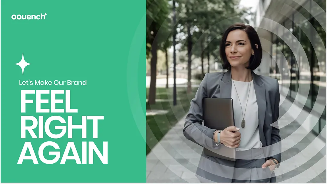 Confident professional walking outdoors with a laptop, symbolizing renewed brand clarity and direction. Banner promotes trust-building through design, human-centered branding, and tailored eLearning experiences for organizational identity.