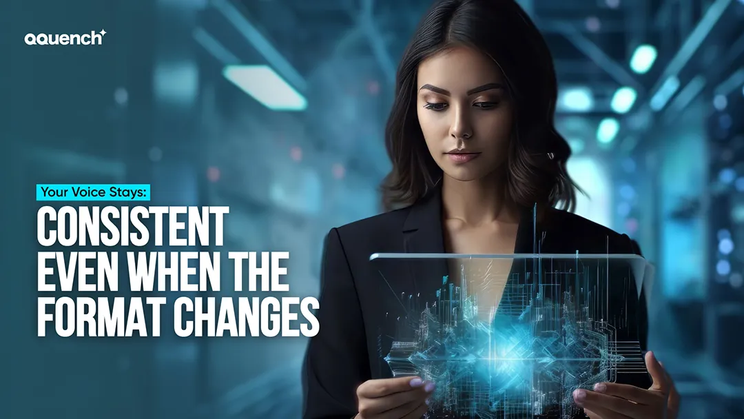 Businesswoman using a digital interface to visualize training formats. Banner emphasizes voice consistency across multiple eLearning platforms and content types, highlighting adaptive learning design, modular development, and cross-format scalability.