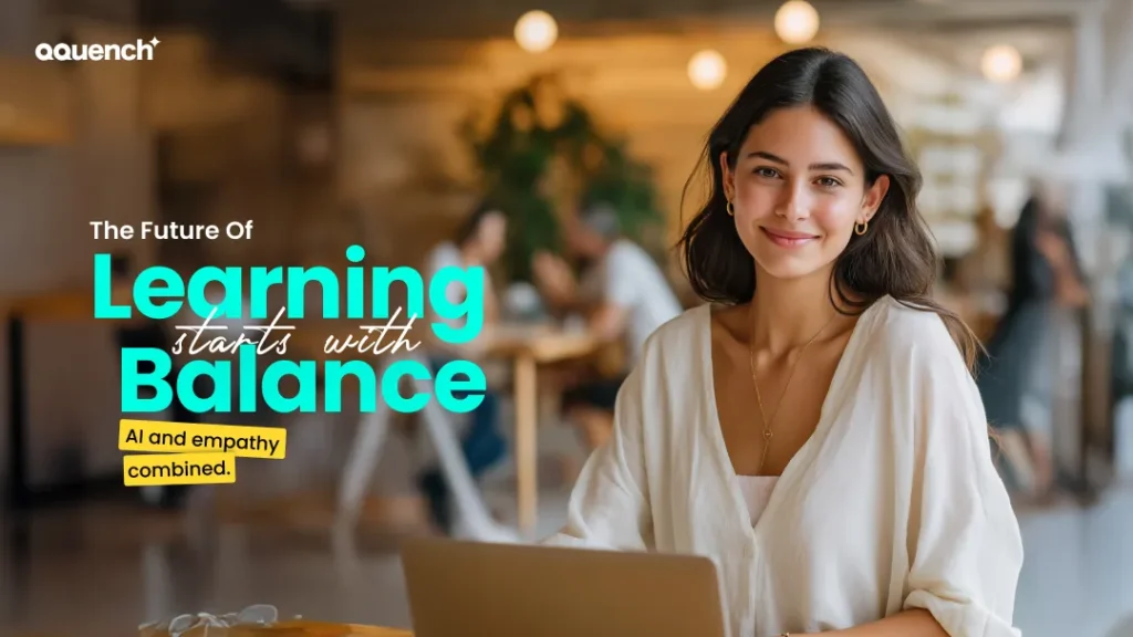 Young woman using laptop in a modern learning space, representing the future of eLearning that combines AI technology with empathy-driven design for balanced digital education experiences.