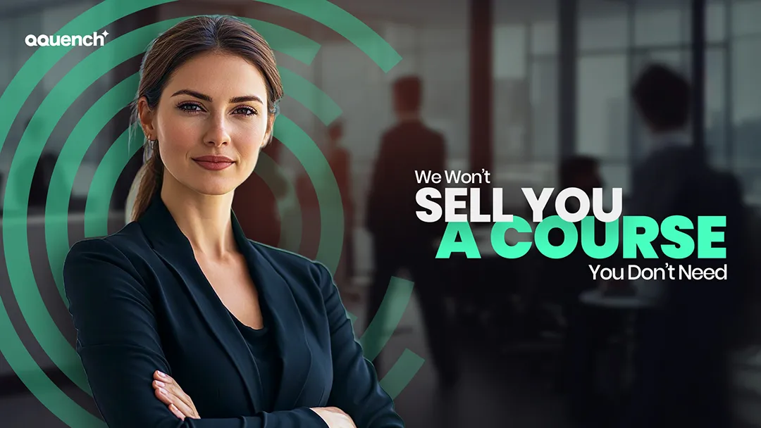 Professional woman standing confidently in a corporate setting with training consultants in the background. Banner emphasizes Qquench’s commitment to need-based eLearning solutions, strategic course design, and ethical learning consultation.