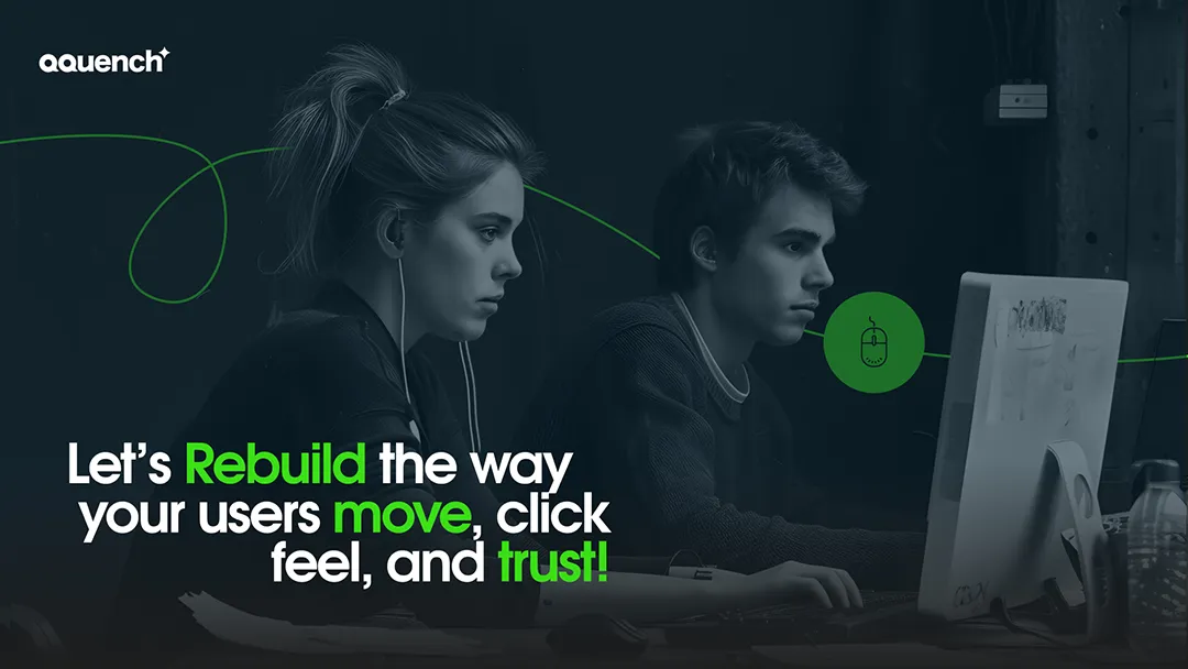 Focused design team working on user behavior analysis in a dark-mode interface studio. Banner promotes intuitive redesign your UX /UI design based on user interaction patterns, trust signals, and motion-friendly interfaces.