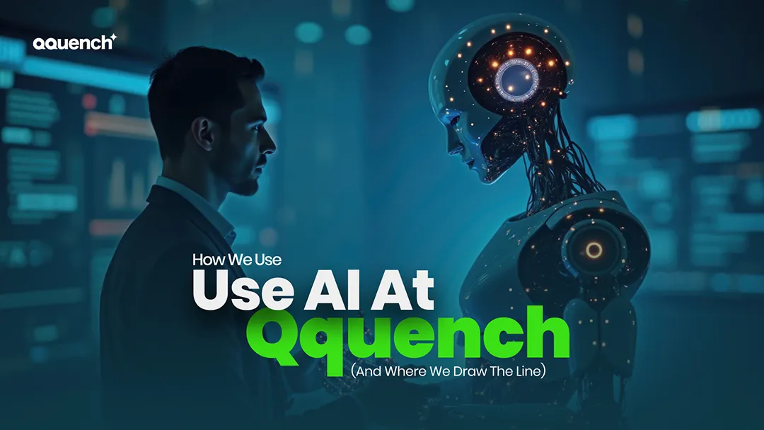 Futuristic scene with a designer facing an AI-powered humanoid robot, symbolizing ethical integration of AI in eLearning and UX/UI design. Banner showcases how Qquench leverages artificial intelligence in learning experience design, while maintaining human-centric principles and usability standards.