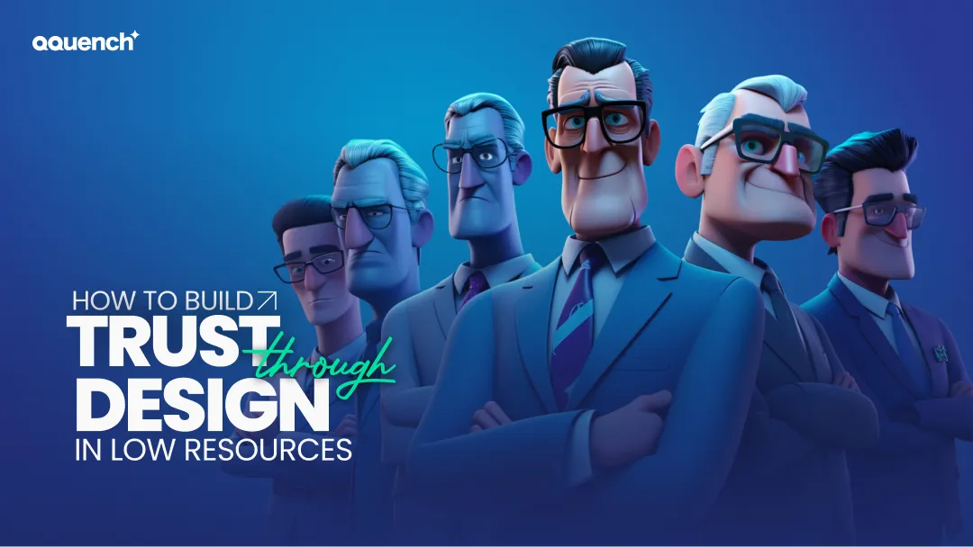 Illustration of animated characters representing users in minimal-resource environments. Banner promotes effective UX/UI design strategies for building trust in low-bandwidth or underserved settings, with focus on accessibility, clarity, and user empowerment.