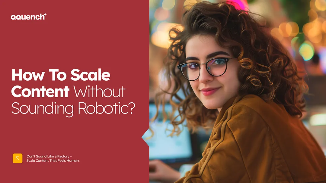 Young creative professional smiling while building eLearning content at scale. Banner promotes strategies for humanized learning content creation, tone consistency, and authentic instructional design in digital learning environments.