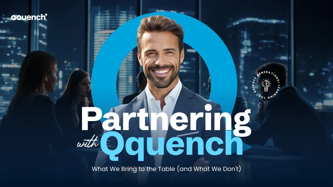 Confident learning consultant smiling in corporate boardroom setting, surrounded by team members. Banner promotes strategic eLearning partnerships with Qquench, highlighting expertise in learning experience design, stakeholder alignment, and scalable training delivery.
