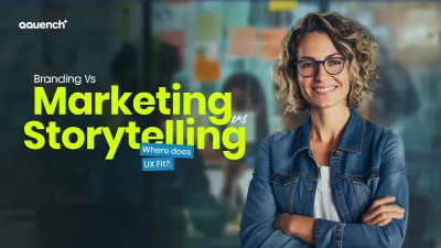 Confident designer standing in front of a collaborative workspace filled with sticky notes, symbolizing the intersection of branding, marketing, and storytelling. Banner explores where UX fits in brand strategy, user engagement, and narrative-driven UI design.