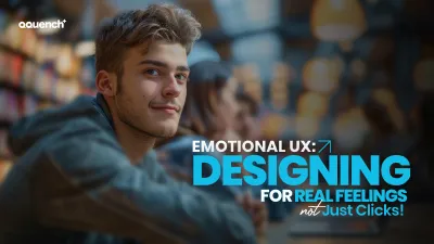 Young man seated in a warm, ambient workspace, representing user engagement through emotional UX. Banner emphasizes designing digital experiences that prioritize real user feelings, empathy in interface design, and human-centered UI strategies.