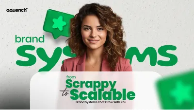 Confident professional woman standing in front of playful branding graphics. Banner highlights scalable brand systems for eLearning businesses, emphasizing instructional design consistency, content modularity, and growth-ready training platforms.