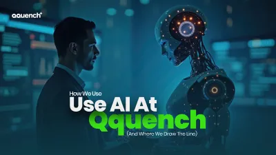 Futuristic scene with a designer facing an AI-powered humanoid robot, symbolizing ethical integration of AI in eLearning and UX/UI design. Banner showcases how Qquench leverages artificial intelligence in learning experience design, while maintaining human-centric principles and usability standards.