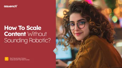 Young creative professional smiling while building eLearning content at scale. Banner promotes strategies for humanized learning content creation, tone consistency, and authentic instructional design in digital learning environments.