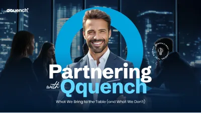 Confident learning consultant smiling in corporate boardroom setting, surrounded by team members. Banner promotes strategic eLearning partnerships with Qquench, highlighting expertise in learning experience design, stakeholder alignment, and scalable training delivery.