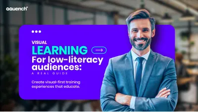 Smiling corporate trainer promoting visual-first eLearning strategies. Banner advocates for accessible training design for low-literacy learners using icons, illustrations, and simplified visual storytelling.