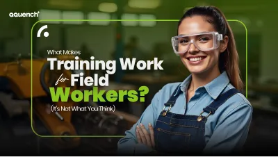 Female field worker in a workshop environment smiling confidently. Banner explores effective UX/UI strategies for training blue-collar professionals, emphasizing contextual learning, accessibility, and digital interfaces tailored to field operations.