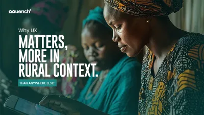 Woman using a digital tablet in a rural setting, highlighting the need for accessible and intuitive user experience. Banner emphasizes the importance of inclusive UX design for rural audiences, focusing on usability, low-bandwidth optimization, and culturally relevant interfaces.