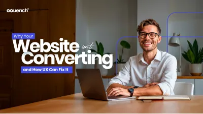 Smiling web strategist sitting at a desk with a laptop, ready to analyze UX pain points. Banner promotes how user experience design improves website converting rates through intuitive UI, user-centered flows, and behavior-driven design decisions