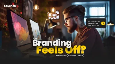 Creative designer analyzing digital branding elements on screen in a studio workspace. Banner addresses common brand identity issues and promotes strategic design alignment through eLearning, digital training, and visual storytelling.