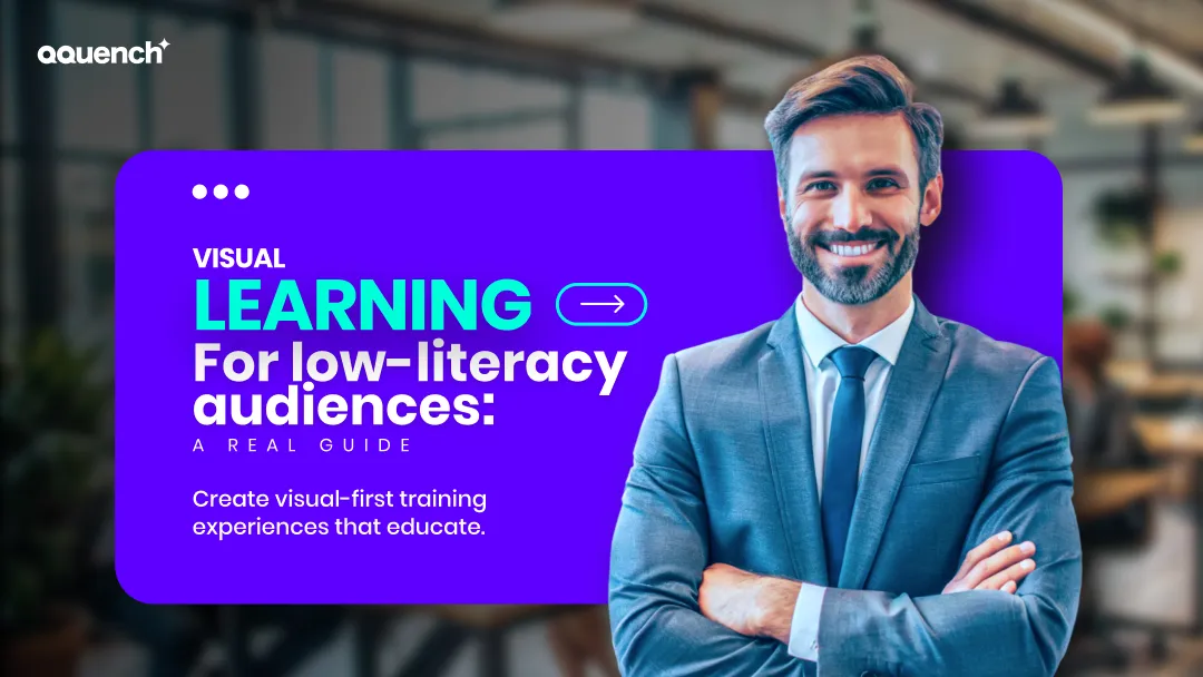 Smiling corporate trainer promoting visual-first eLearning strategies. Banner advocates for accessible training design for low-literacy learners using icons, illustrations, and simplified visual storytelling.