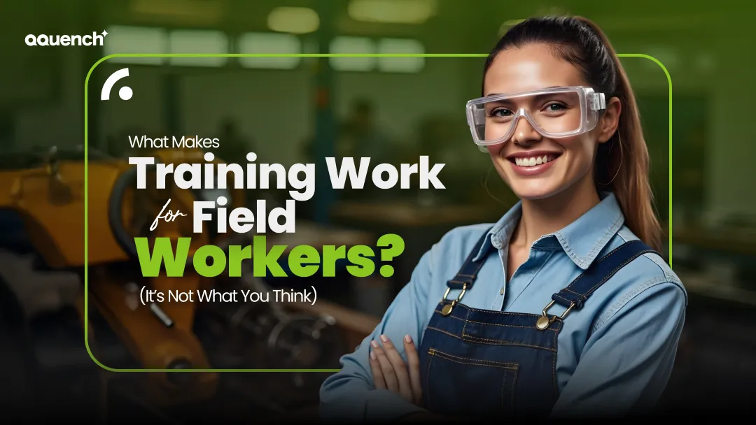 Female field worker in a workshop environment smiling confidently. Banner explores effective UX/UI strategies for training blue-collar professionals, emphasizing contextual learning, accessibility, and digital interfaces tailored to field operations.