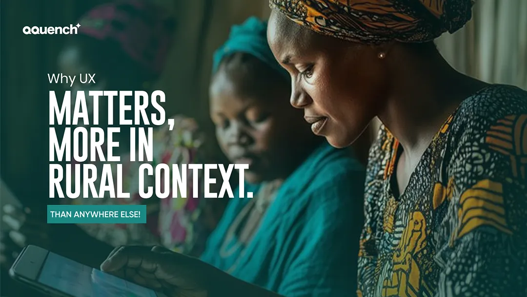 Woman using a digital tablet in a rural setting, highlighting the need for accessible and intuitive user experience. Banner emphasizes the importance of inclusive UX design for rural audiences, focusing on usability, low-bandwidth optimization, and culturally relevant interfaces.