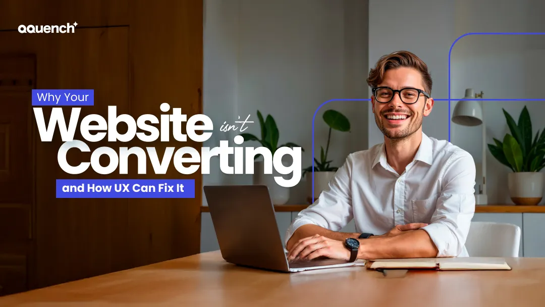 Smiling web strategist sitting at a desk with a laptop, ready to analyze UX pain points. Banner promotes how user experience design improves website converting rates through intuitive UI, user-centered flows, and behavior-driven design decisions
