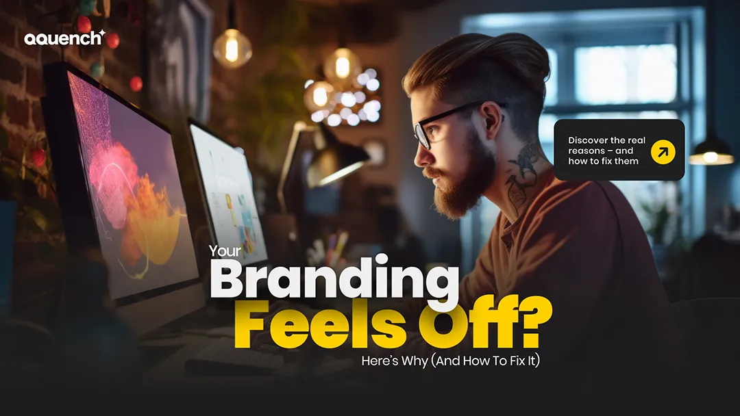 Creative designer analyzing digital branding elements on screen in a studio workspace. Banner addresses common branding feels off identity issues and promotes strategic design alignment through eLearning, digital training, and visual storytelling.