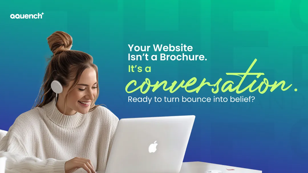 Young woman with headphones smiling while interacting with a website on her laptop. Banner emphasizes interactive UX design, conversational UI, and strategies to reduce bounce rates and increase user engagement on digital platforms.
