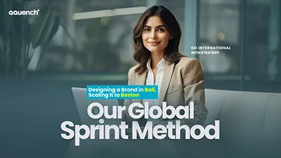A strategist points to a world map beside text: 'Designing a Brand in Bali, Scaling It to Boston — Our Global Sprint Method,'