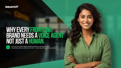 Confident woman in green shirt smiling in front of a blurred service environment, with bold text that reads, “Why Every Frontline Brand Needs a Voice Agent, Not Just a Human.” Promotes the adoption of AI voice agents for frontline services in hospitality, delivery, and customer experience.