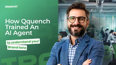 Smiling professional man with glasses standing confidently in a modern office next to headline text: “How Qquench Trained an AI Agent to Understand Your Brand Tone.” AI branding solutions, artificial intelligence customer experience, brand voice automation.