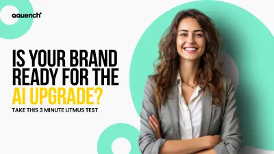 businesswoman standing confidently beside headline text: “Is your brand ready for the AI upgrade? Take this 3-minute litmus test.” Banner promoting AI transformation, artificial intelligence solutions, and brand readiness assessment.