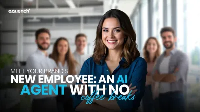Smiling woman in professional attire stands confidently in front of a blurred team with headline text reading “Meet Your Brand’s New Employee: An AI Agent With No Coffee Breaks.” The banner promotes AI virtual assistants and always-on customer service powered by artificial intelligence.