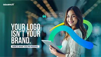 Smiling woman with tablet in hallway. Text reads: "Your logo isn't your brand. Here's what you're missing."