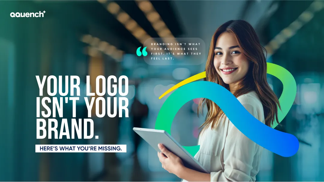 Smiling woman with tablet in hallway. Text reads: "Your logo isn't your brand. Here's what you're missing."