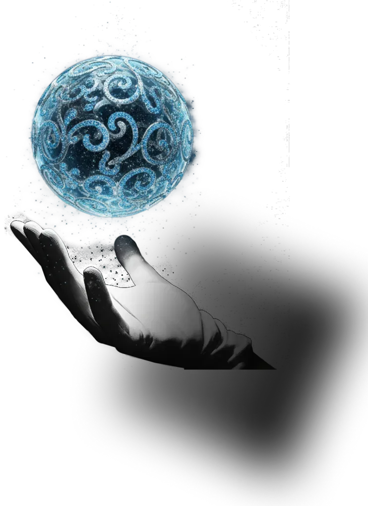 Jester hand with floating designer glowing ball